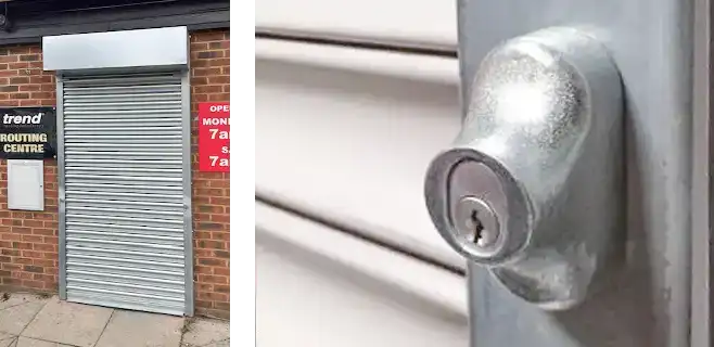 Titan Industrial Roller Shutter Door with Push Up Pull Down operation and close up of Buller Locks providing security to industrial unti.