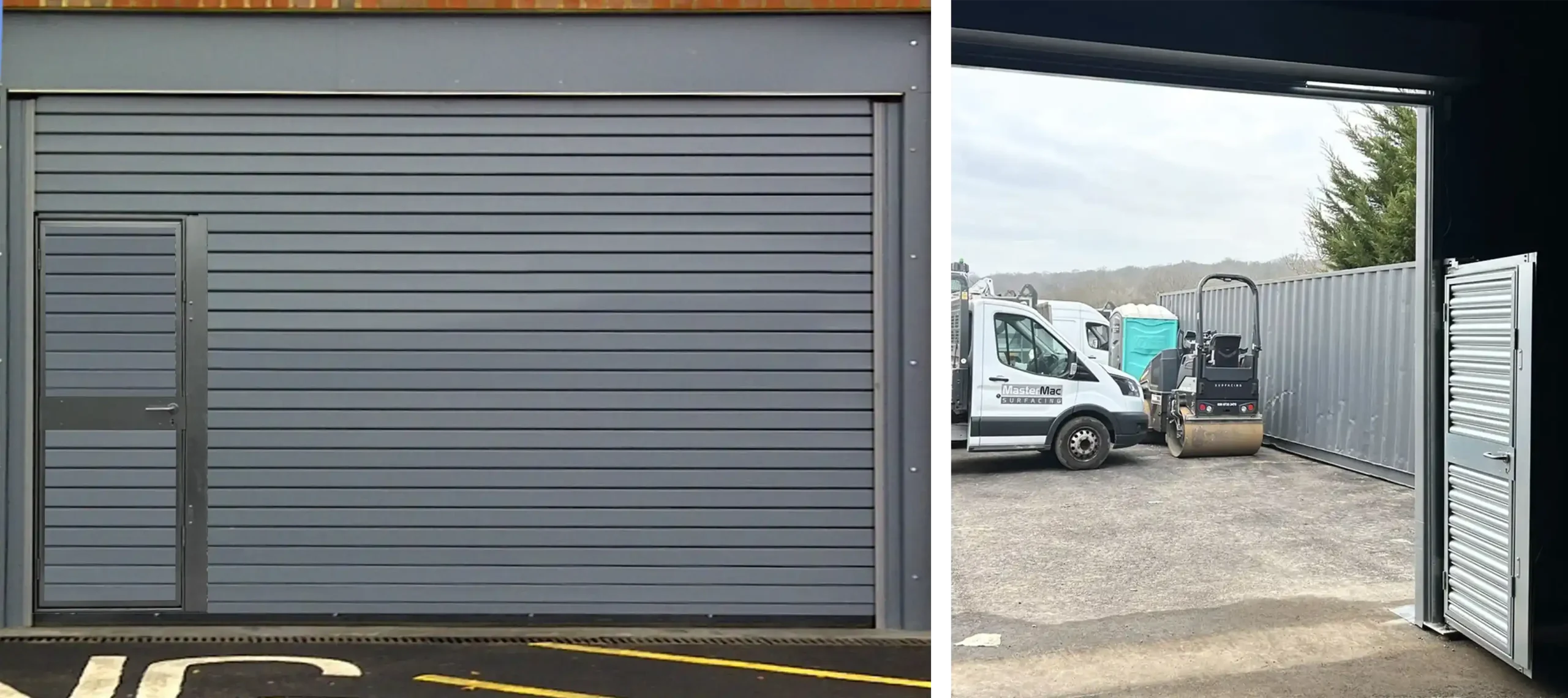 Insulated roller shutter door with wicket door and detail of hinged wicked door open