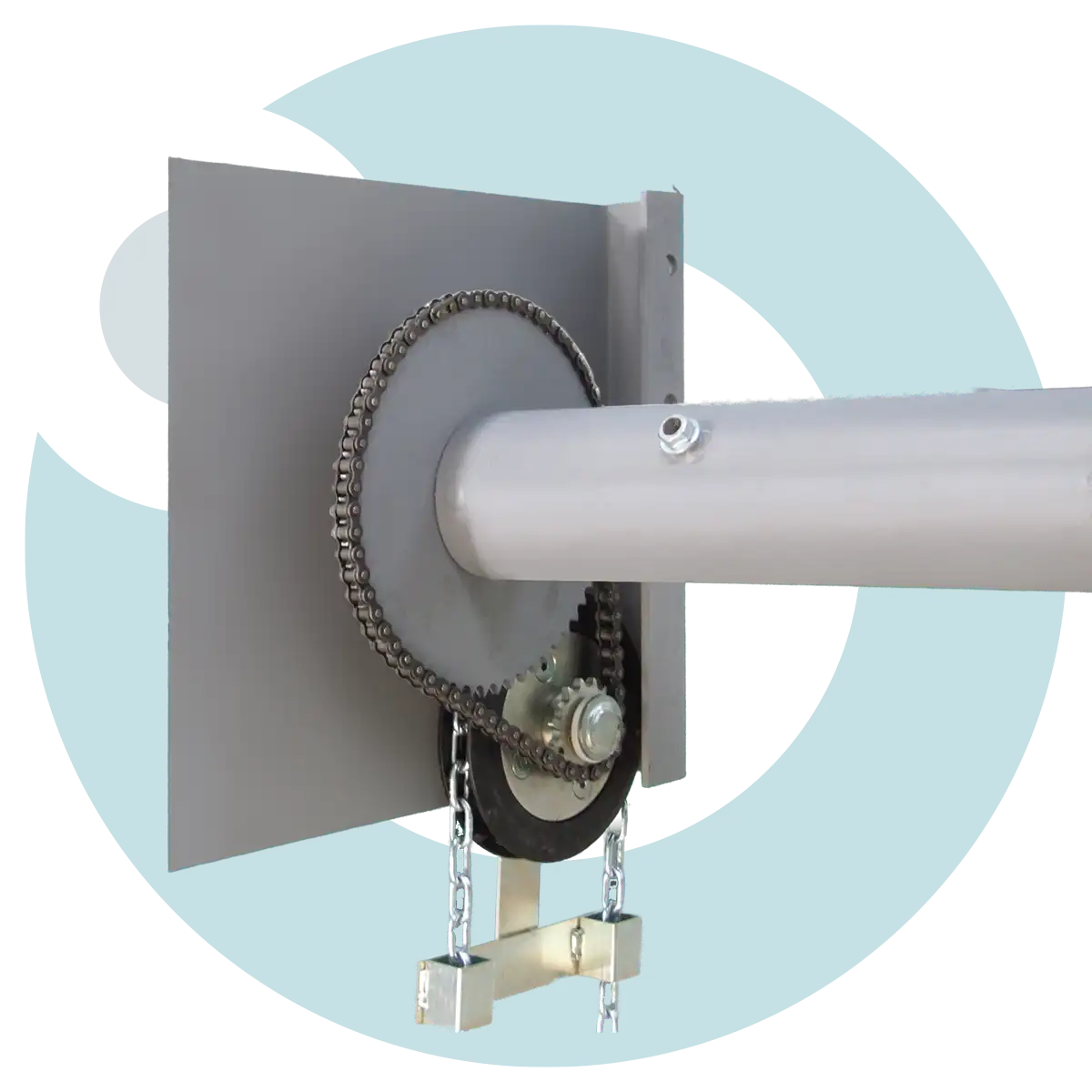 Detail of end plate and single gear reduction chain wheel assembly on manual roller shutter doors