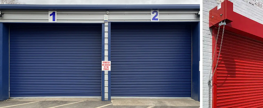Roller shutter door and detail of manually operated chain geared roller shutter