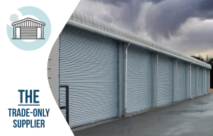 Row Priory roller shutter doors installed on a steel building with steel building icon